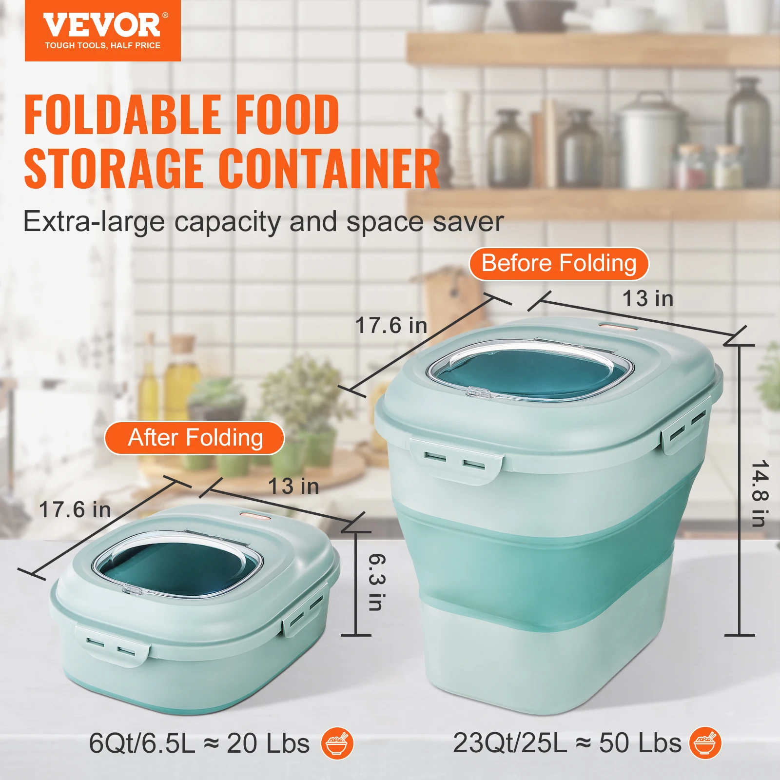 VEVOR Collapsible Dog Food Storage Container 50 lbs Large Dispenser Bin with Attachable Casters Airtight Lid Kitchen Flour Bin