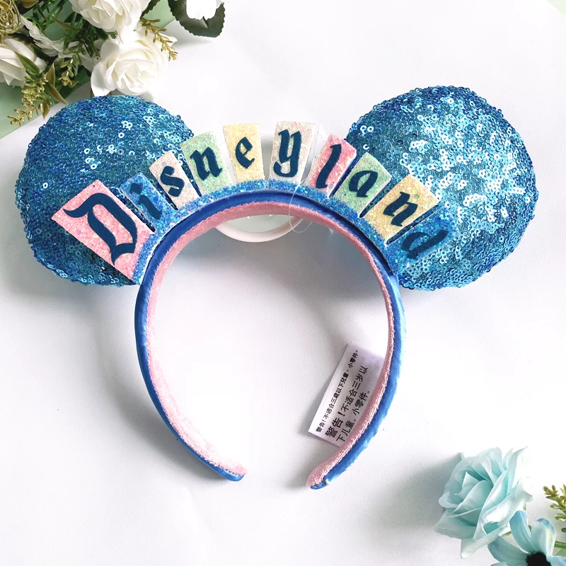 Disney Mickey Mouse  Sequins Headband Minnie Bow Disneyland Ears Cosplay Plush Mint Green Headwear Adult/Kid Birthday Gifts