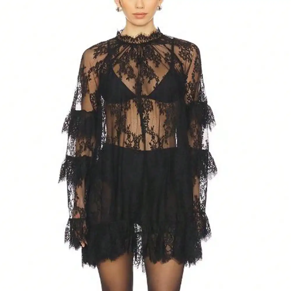 

Black Sheer Lace Mini Dress with Ruffled Sleeves and High Neck