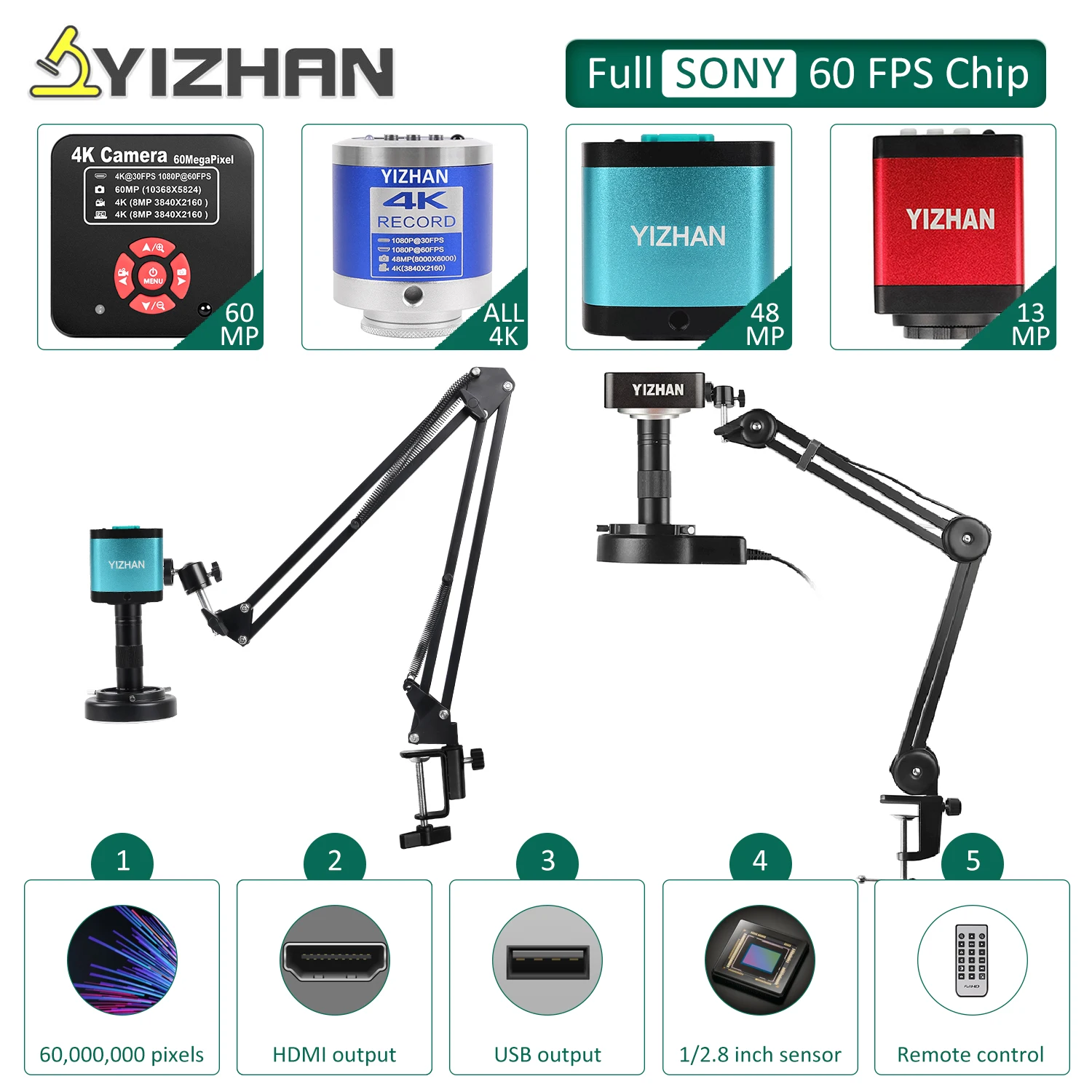 【セール中】YIZHAN 60MP 48MP 4K 電子デジタル顕微鏡 はんだ付け用 1080P HDMI VGA USB 工業用カメラ 150倍レンズ 折りたたみ式ブラケット リモコン付き