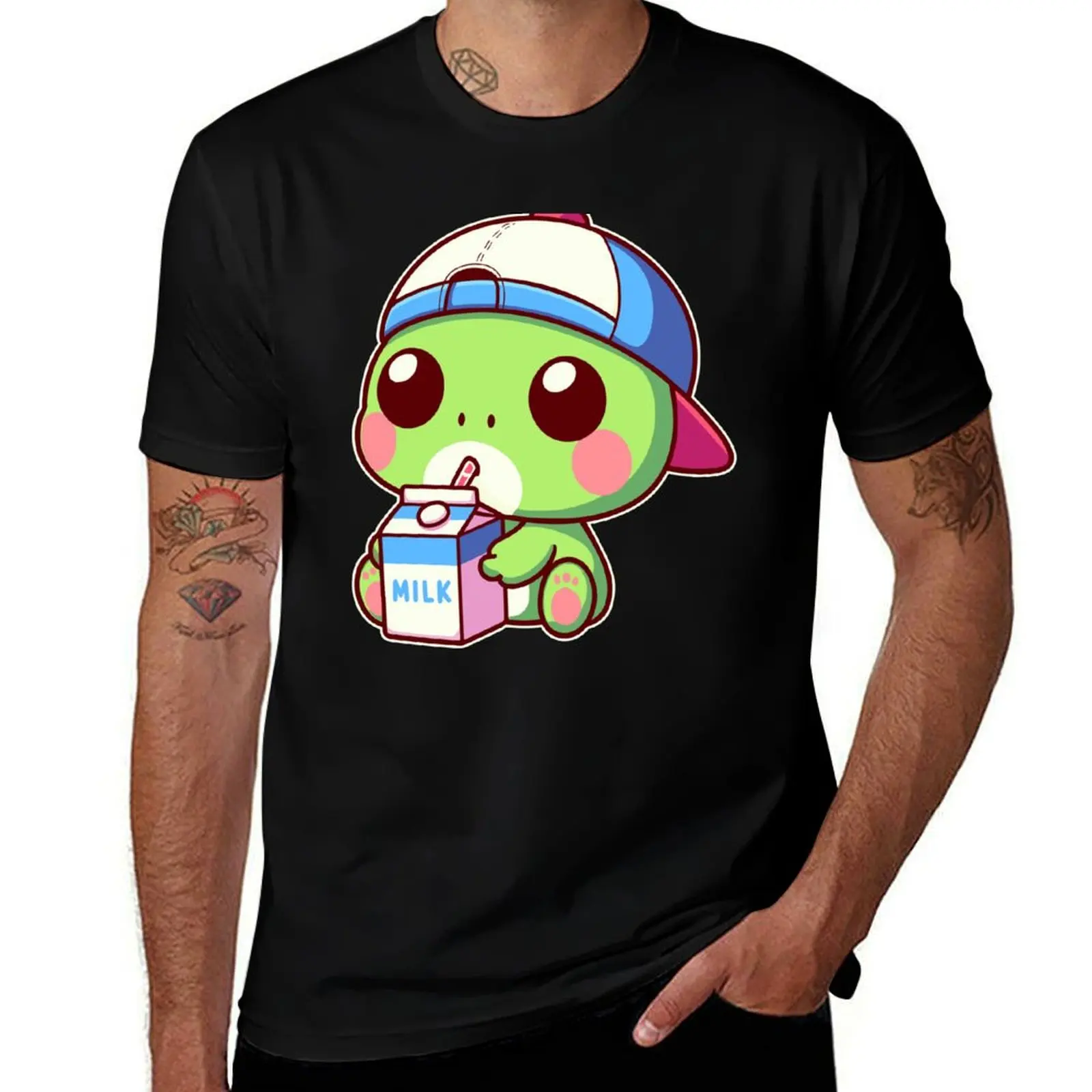 

Cute Frog Drinking Milk Kawaii Anime Toad T-Shirt t shirt men 100% cotton luxury brand T-Shirt