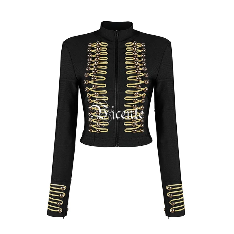 HOT New Party Bandage Jacket Chic Golden Button Embellished แขนยาวขายส่งคนดัง