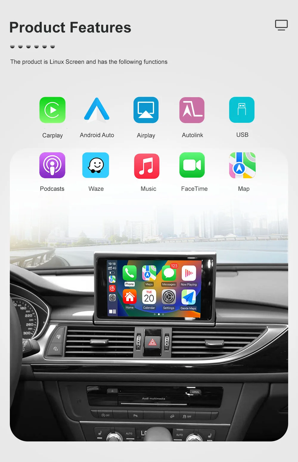 Kabelloses CarPlay- und Android-Auto-Interface-Modul für Audi A6 A7 HN+R-System mit Mirror Link und Bluetooth. – Detail 3