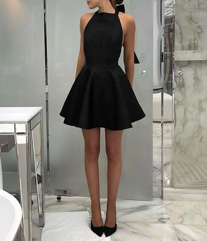 

Women Luxury Elegant Dress 2024 Summer Autumn Latest French Sexy Black High Waist Sleeveless Hanging Neck Mini Dress Short Skirt