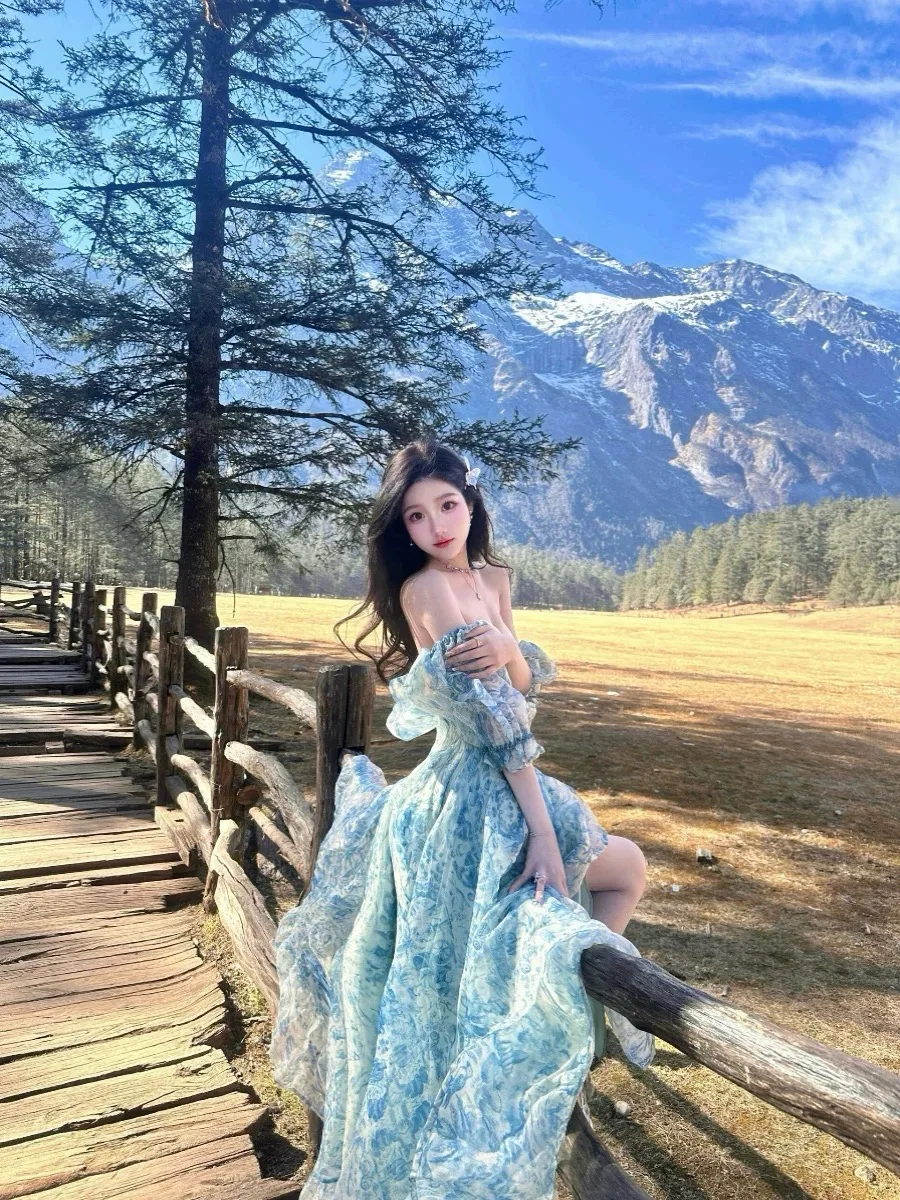 Vestido largo Retro de princesa Palacio para mujer, vestido largo con mangas abullonadas y cuello cuadrado con volantes y estampado de tinta azul, vestido de baile, vestido de fiesta de hadas para niña Mori