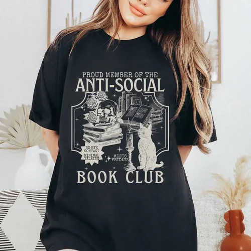 Imagen 2 del producto Camiseta Vintage antisocial introvertida para Club de libros, camisetas académicas oscuras, camiseta informal de manga corta con cuello redondo, Tops de verano para mujer, ropa de calle