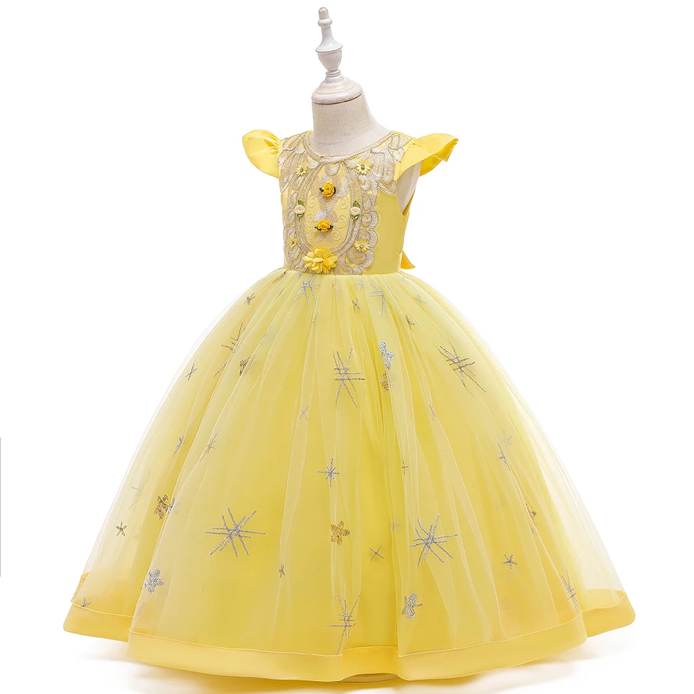 YEllow girl elegant flower ball dress suitable for children\'s evening party sequin long dress