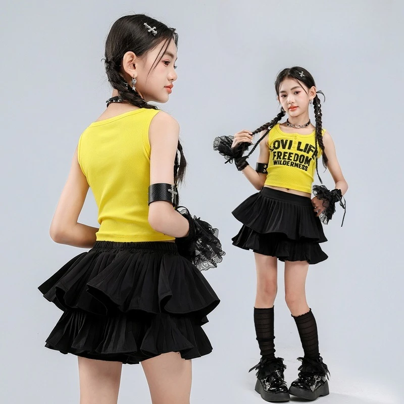 

New Girls Kpop Outfits Street Dance Costume Yellow Vest Black Skirt Hip Hop Clothing Sets Group Concert Stage Performance Wear