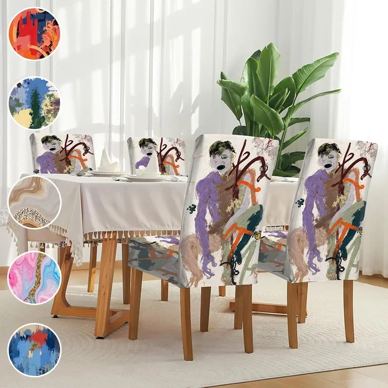 Elastic printed dining chair cover, removable and washable anti-grab seat cover, abstract art splash ink fluid pattern