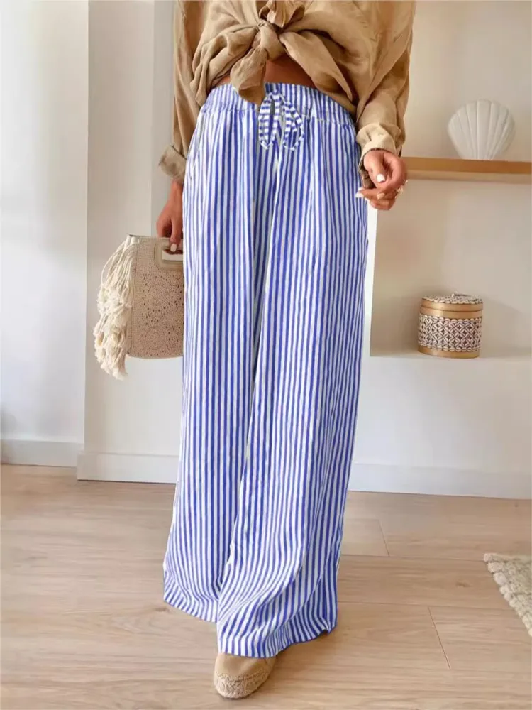 

New Stripe Printed Loose Wide Leg Pants Spring Autumn Women's Fashion Trousers Side Pocket Design Casual Long Pants