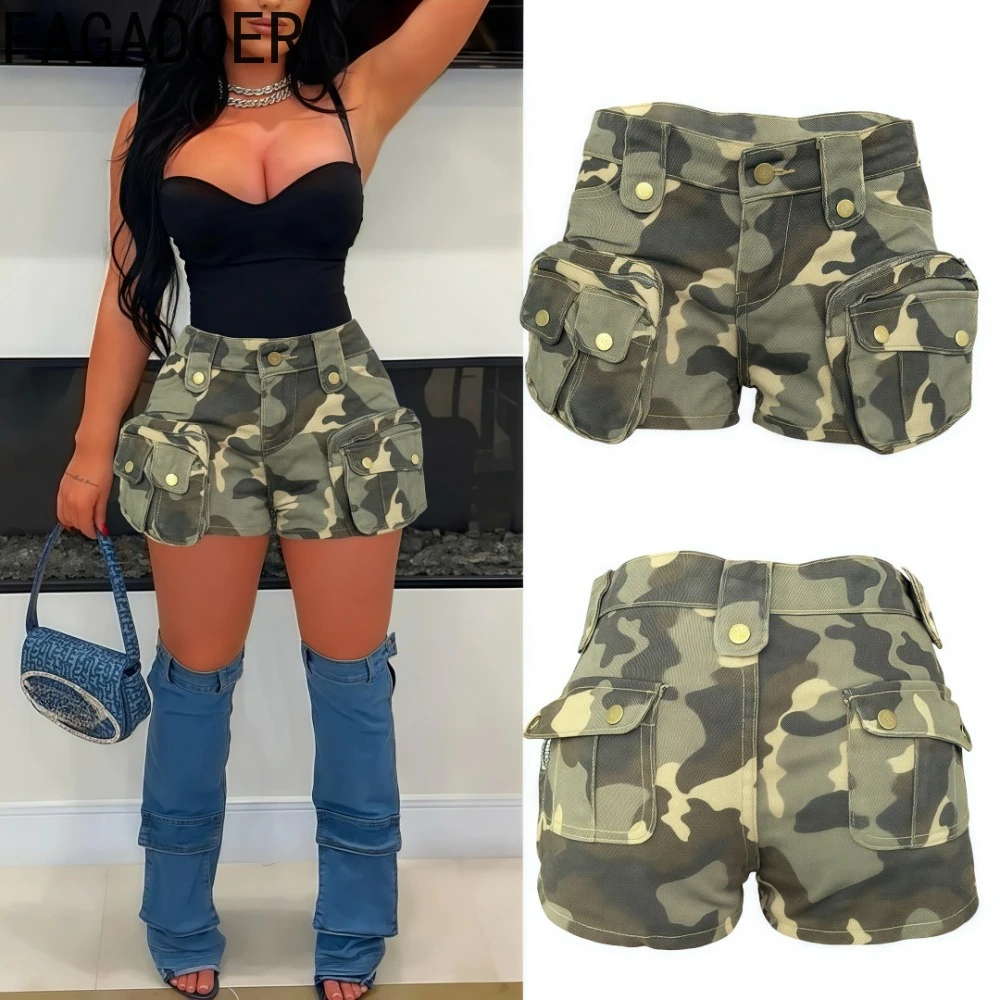 

FAGADOER Retro Camouflage Denim Shorts Women Buttons Printed Pocket Cargo Patchwork Jeans Female Y2k Streetwear Bottoms New