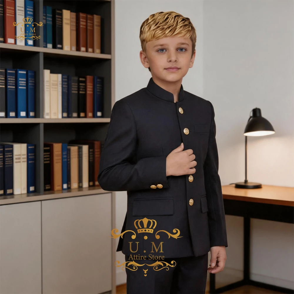 Black Safari Suit for Boys 2-Piece Custom Slim Fit Modern Jodhpuri Children's Attire Jacket Pants Set for Wedding Pageboy