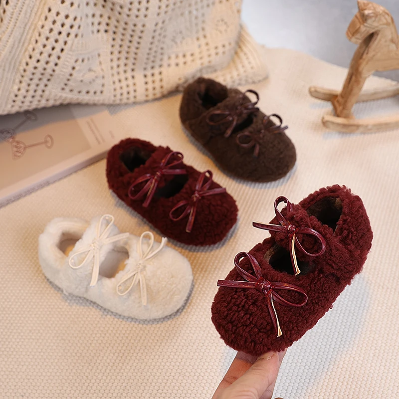 

Children Flats 2025 Fluffy Baby Girl Shoes Cute Butterfly-knot Furry Low Top Shoes Children Winter Cotton Princess Shoes Kids