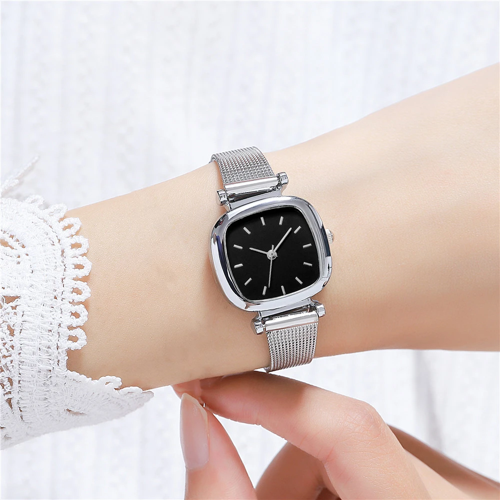 fashion small square dial silver mesh steel quartz women lady watch