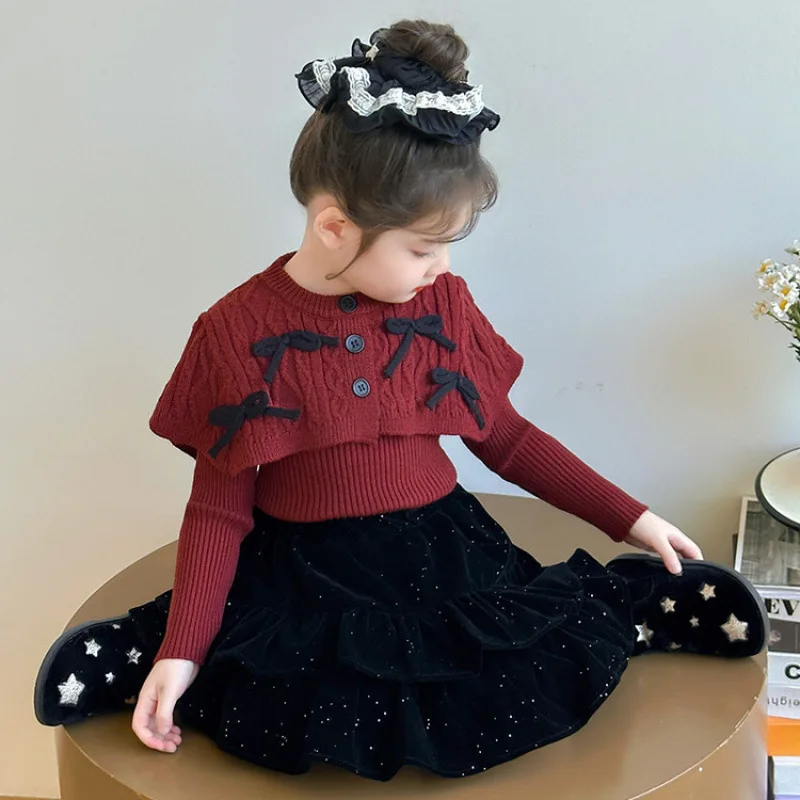 Korean Girls Set 2025 Spring and Autumn Girls Sweet Bow Cape Knitted Cardigan Sweater Velvet Skirt Set