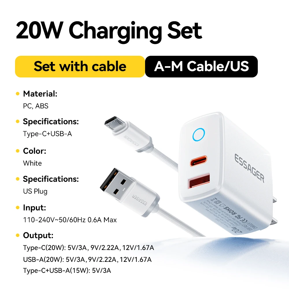 Essager PD 20W USB-C-Ladegerät-Set, schnelles Laden 4.0 3.0 QC PD Ladegerät für iPhone 17 16 15 14 13 12 Pro Max Handy-Ladegerät