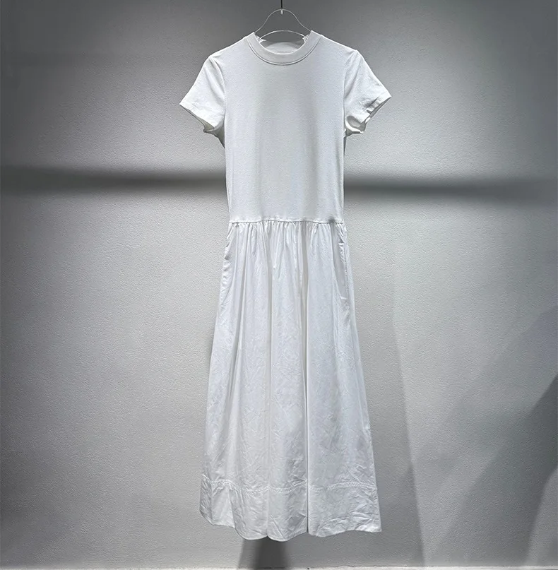 คุณภาพสูงใหม่เสื้อยืดยาวชุด 2025 ฤดูร้อน Lady กระเป๋า Patchwork ความยาวกลางลูกวัวสบายๆสีขาวสีน้ําเงินเข้มชุดผ้าฝ้าย