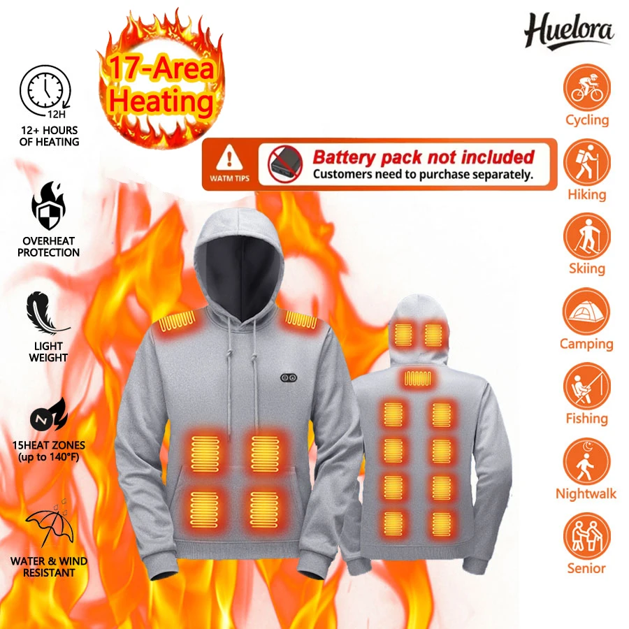 Sudadera con capucha con calefacción de 17 zonas, abrigo de invierno, ropa de exterior con calefacción por USB, sudadera deportiva cálida (no incluida el banco de energía)