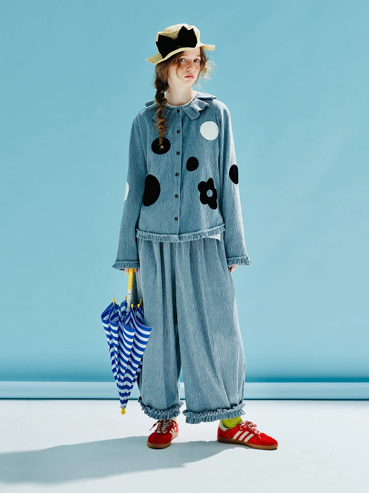 Spring 2023 imakokoni Original Pullover Printed Polka Dot Thick velvet pressed ruffle collar Shirt Long sleeve blue shirt 234014