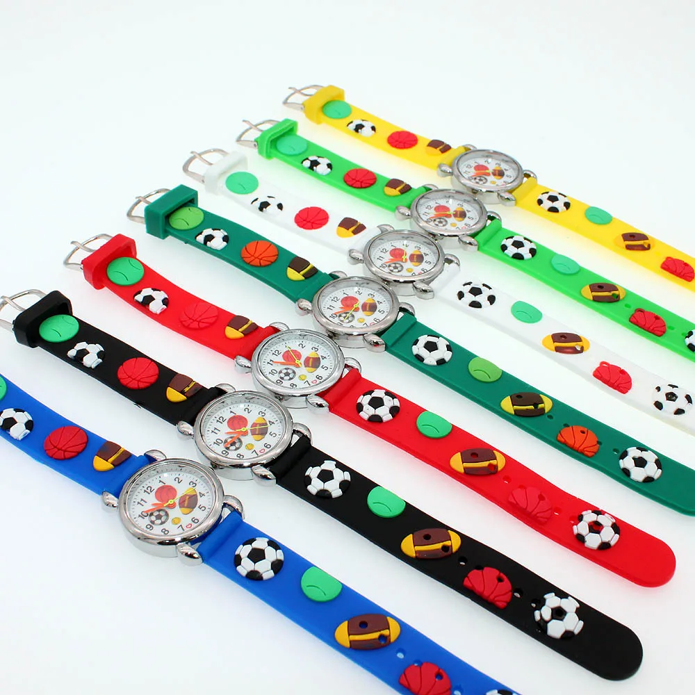 7Pcs Cartoon Football Children's Watch Set Silicone Strap Kids Quartz Wristwatches for Boys and Girls