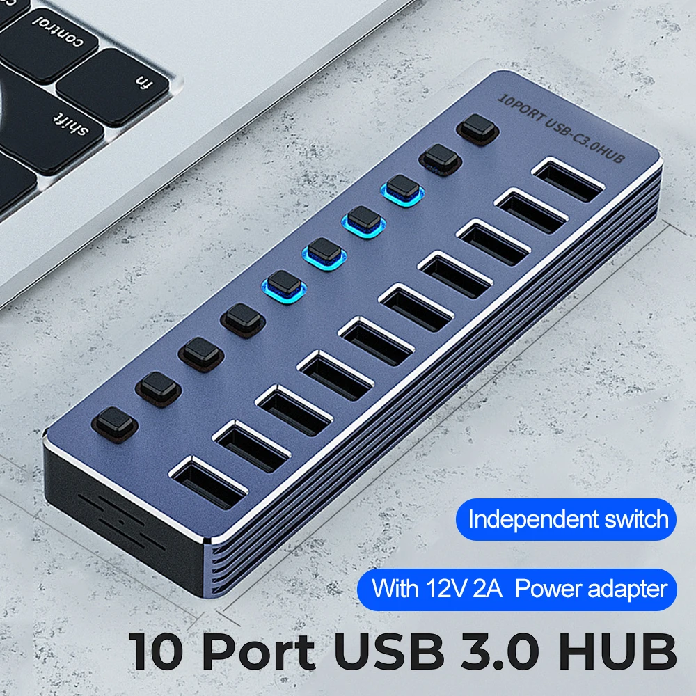 

10/7 Port USB 3.0 Hub aluminium alloy USB Docking Station Splitter Split Switch with 12V Power Adapter for Macbook Phone Tablets