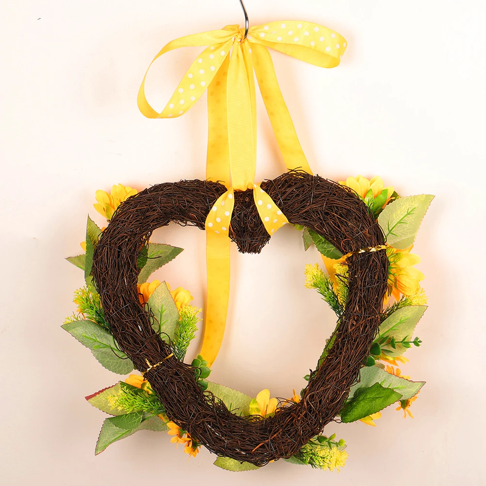 

Heart Shape Sunflower Wreath Artificial Sunflowers Green Leaves Summer Door Porch Entry Wall Decoration Door Decor