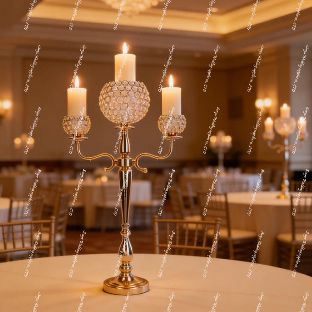 3 Arms Acrylic Crystal Chandelier Gold Metal Candle Holder Wedding Decoration Table Centerpieces Candelabra Party Event Decor