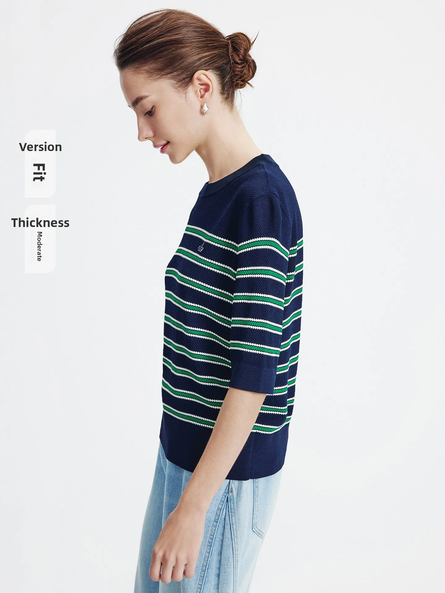 Navigare Spring New Casual Striped Color Block Women's Knitted T-shirt Five-Quarter Sleeve round Neck Standard Fit Ladies Top
