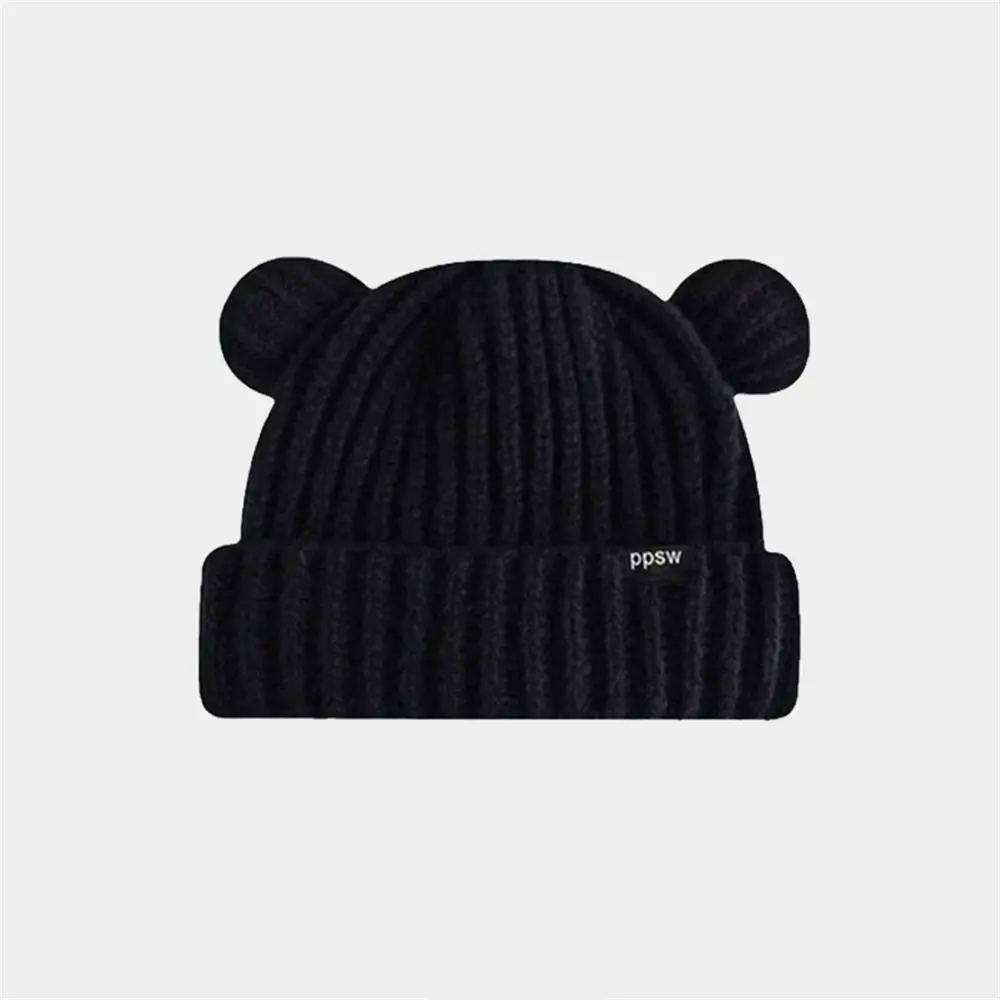 New Fashion Knitted Hat Women Girl Cute Bear Ear Knitted Hat Autumn Winter Warm Hat Couple Hat Elastic Woolen Knitted Hat Black