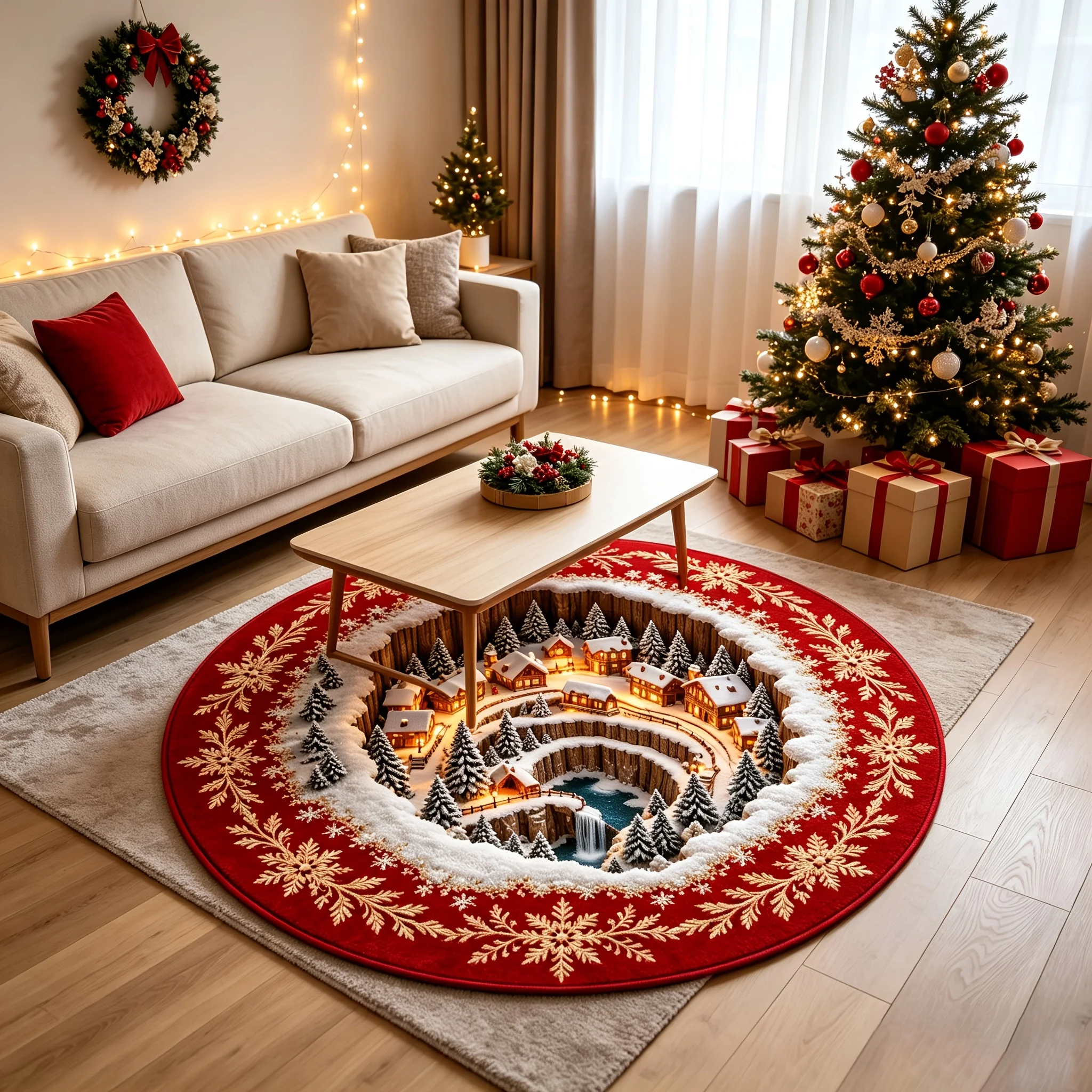 1pc Winter Snow‑Scene With Golden‑Branch Border Printed Round Area Rug, 2D Flat Christmas Floor Mat, Festive Home Decor