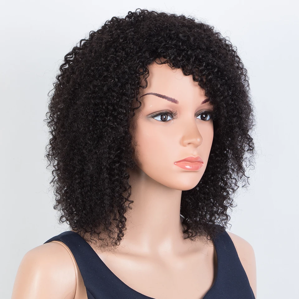 Afro Kinky Curly Echthaarperücken mit Pony, natürliches Schwarz, Ombre Braun, Jerry Curly, kurze Bob-Perücke für Frauen, für Anfänger geeignet.