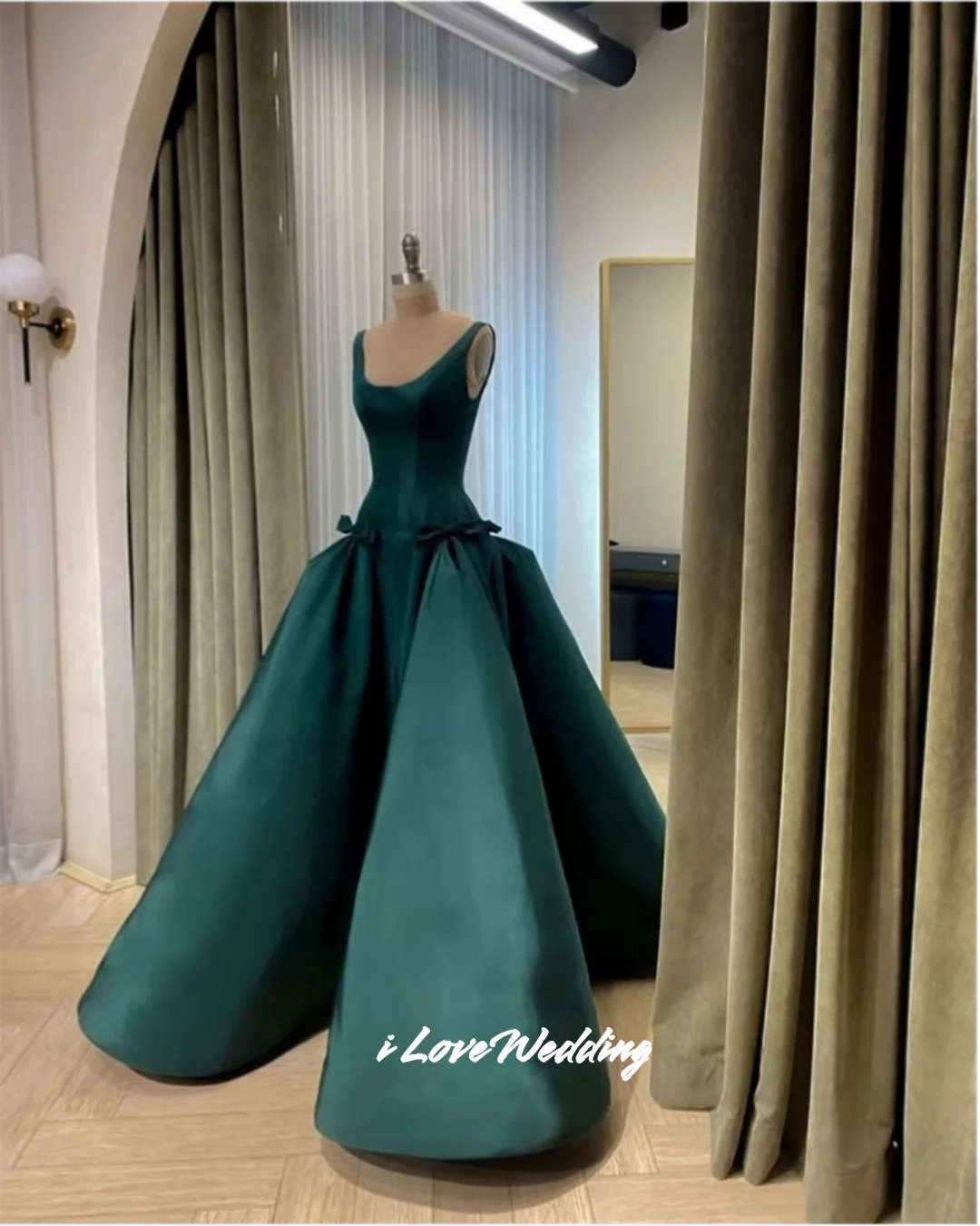 Emerald Green Satin Prom Dress Square Neck Sleeveless Corset Ball Gown Floor-Length Formal Evening Gown Wedding Guest Customized view 5