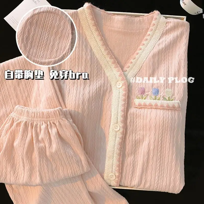 

Женский пижамный комплект, удобная одежда для сна, женский пижамный комплект, хлопковый милый домашний костюм с v-образным вырезом и длинными рукавами, одежда для дома, новый стильный костюм