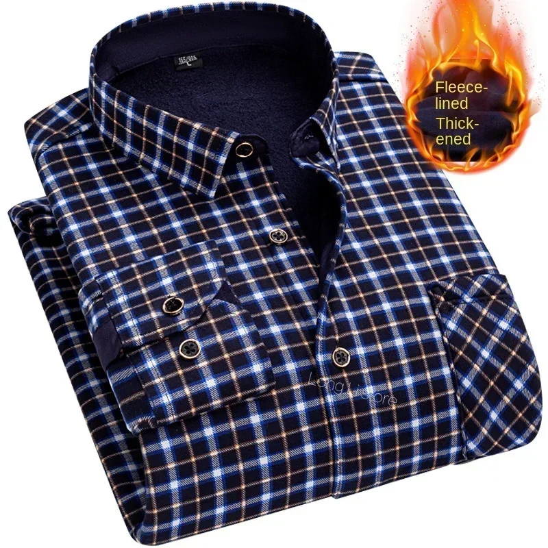 

2024 Men's Thermal Shirts, Thickened Fleece, Winter Plaid Shirts, Men's Vintage Prints, Long Sleeves, Casual Men's