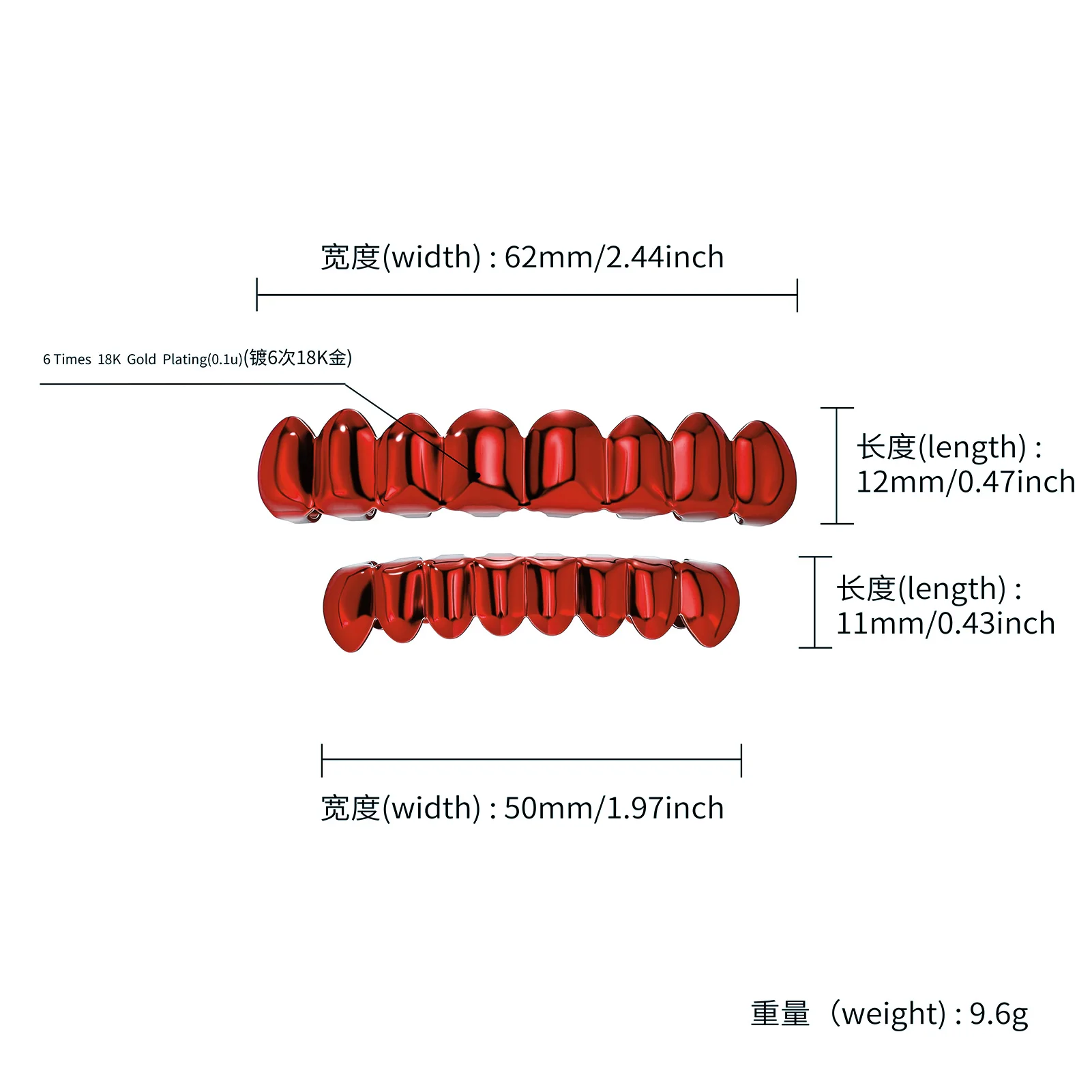 TOPGRILLZ Red Mirror Hip Hop Grillz Set 2Pcs 8 Teeth Top Bottom Grills Y2K Party Cosplay Teeth Halloween Jewelry Men Women - view 6