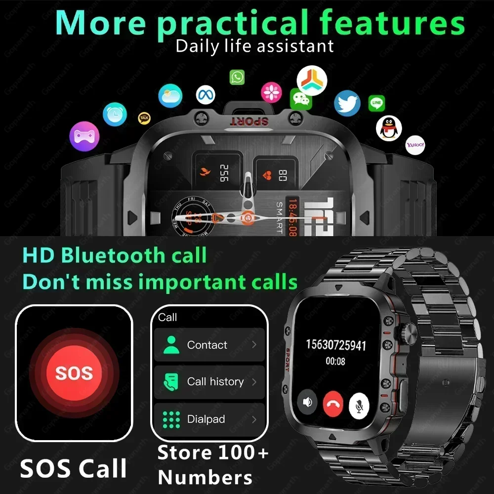 2024 New Men\'s Military Smart Watch 3TM Waterproof 2.01-inch Bluetooth Call AI Voice Women\'s Smartwatch Suitable for Android IOS