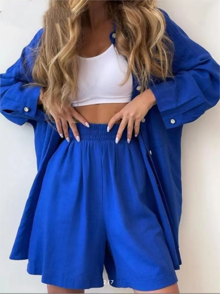 Spring Fashion Casual Short Set Women Tracksuit Wear Loose Long Shirt Top And High Waist Shorts Two Piece Sets Summer Outfits