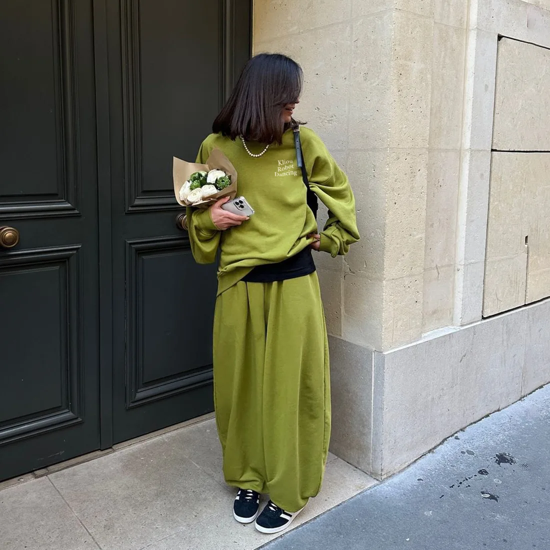 

Women's clothing 2025 autumn loose casual round neck letter sweatshirt drawstring straight trousers suit club clothing vestidos