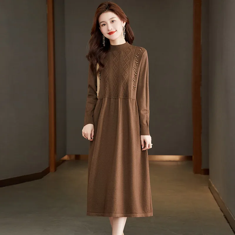 2025年秋冬新作 カシミヤニットワンピース レディース ハイネック ニットセーター ロングワンピース ゆったり プルオーバー 女性用ドレス