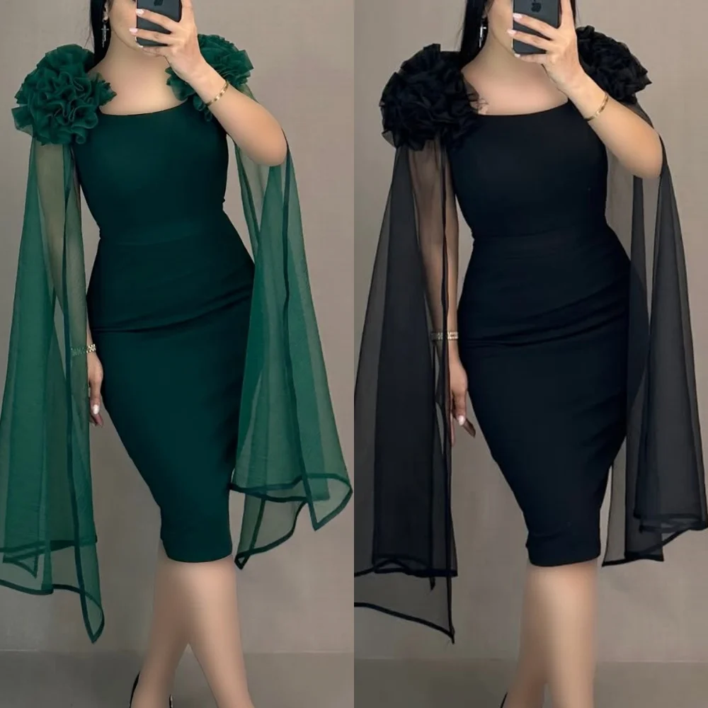 

Customized Formal Simple Jersey Handmade Flower Ruched Straight Scoop Neck Knee Length Dresses Bespoke Occasion Dresses Elegant