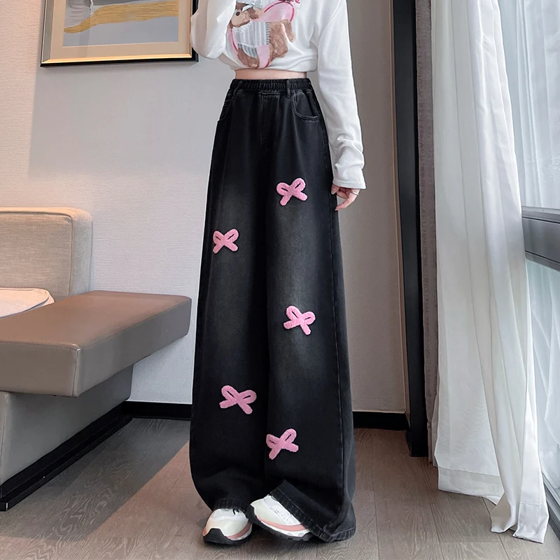 Women's Black Gothic Bowtie Jeans Cargo Baggy Y2K American Streetwear Harajuku Aesthetic Fashion Retro Denim Pants Long Clothes