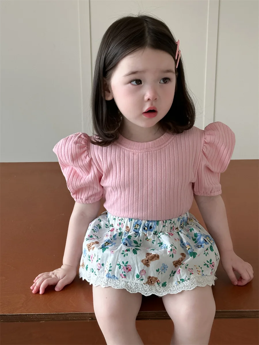 2024 Summer New Baby Girl Short Sleeve T Shirts Cute Infant Solid Tops Cotton Toddler Girl Thin Puff Sleeve Tee Baby Clothes