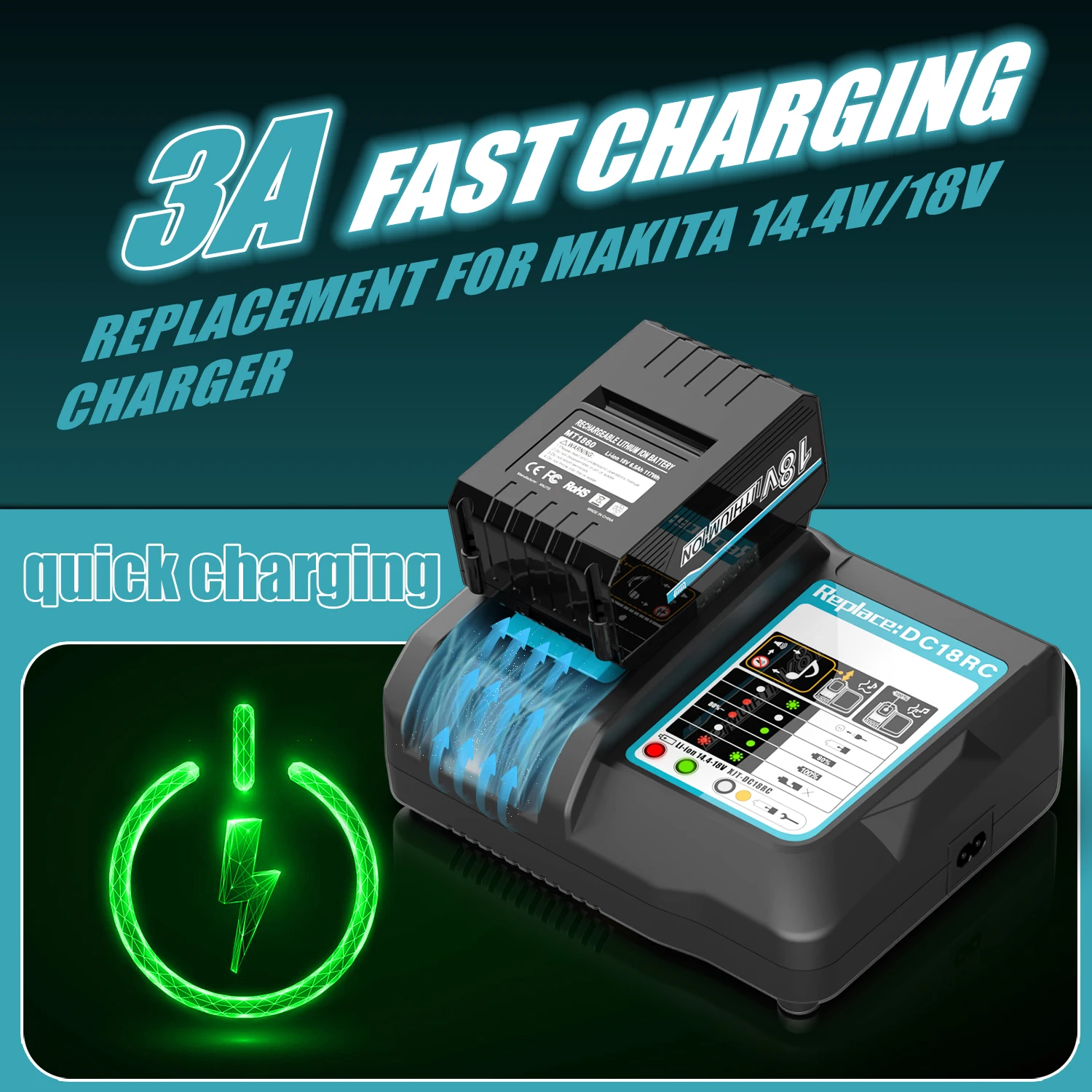 DC18RC 3A Schnell-Ladegerät für Makita 14,4V-18V Li-Ionen-Akku BL1815 BL1820 BL1830 BL1850 BL1860 BL1840 BL1430 BL1415