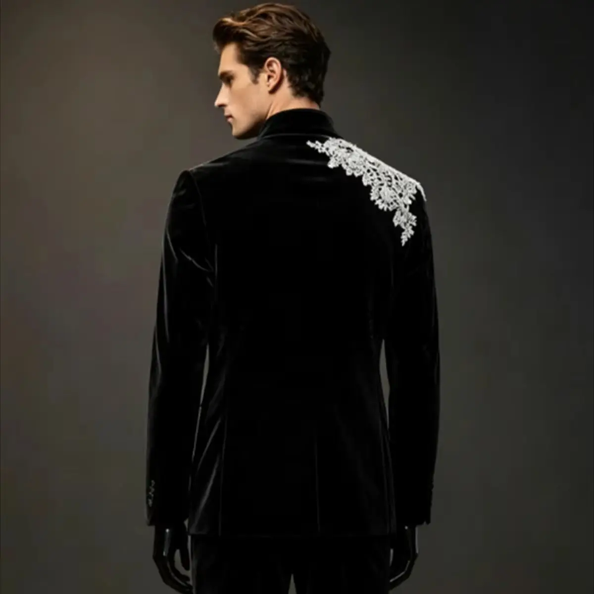 Elegant Black Velvet Men Suits Customized Slim Fit Stand Collar Groom Wedding Tuxedos Male Party Blazers 2 Pcs Sets Ropa Hombre