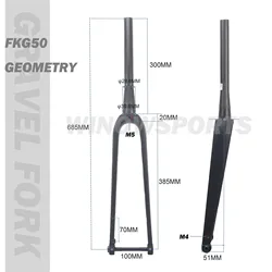 Winowsports FKG50 Gravel Fork Carbon Fiber Tapered Gravel Bicycle Front Fork Bike Fork Black Matte 700C x 45C Thru Axle 12x100mm