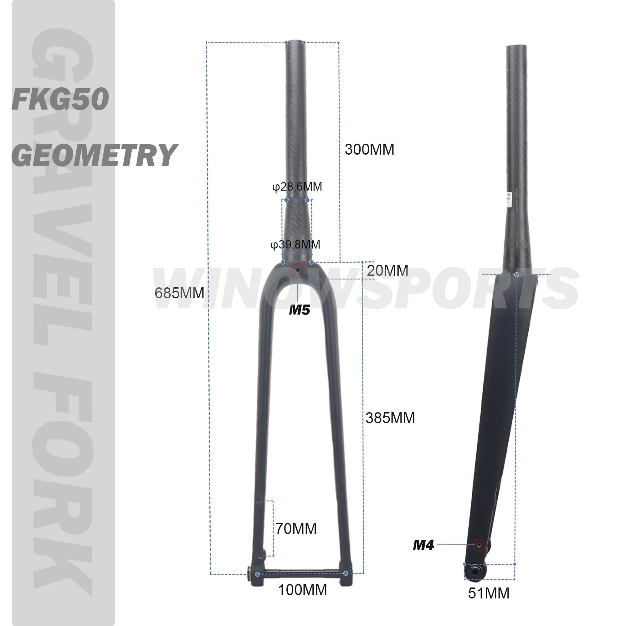 Winowsports 2025 New Carbon Gravel Fork FK-G50 Offset 51mm 3K Twill Steerer ATC=385mm Tube Titanium Gravel Bike Fork