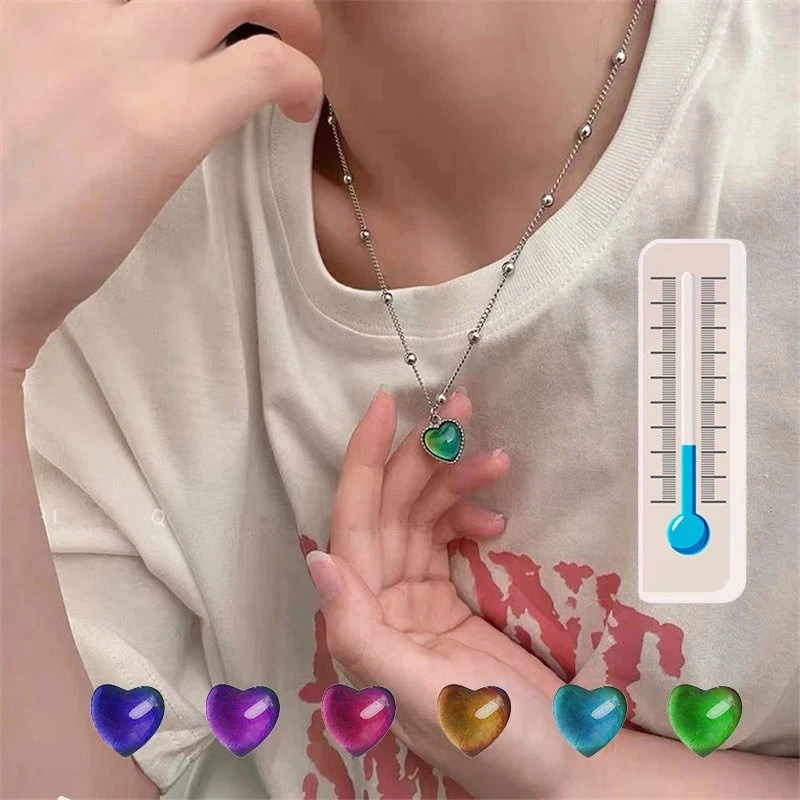 Candy Color Changing Heart Pendant Necklace For Women Simple Design Temperature Sensitive Stone Peach Choker Party Jewelry