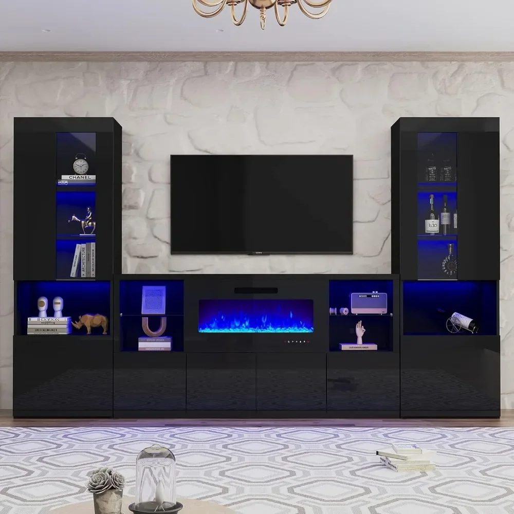 TV Stands 3-piece Modern High Gloss Fireplace TV Cabinet+bookshelf Set, 68 Inches with 40 Inch Fireplace Living Room Furniture