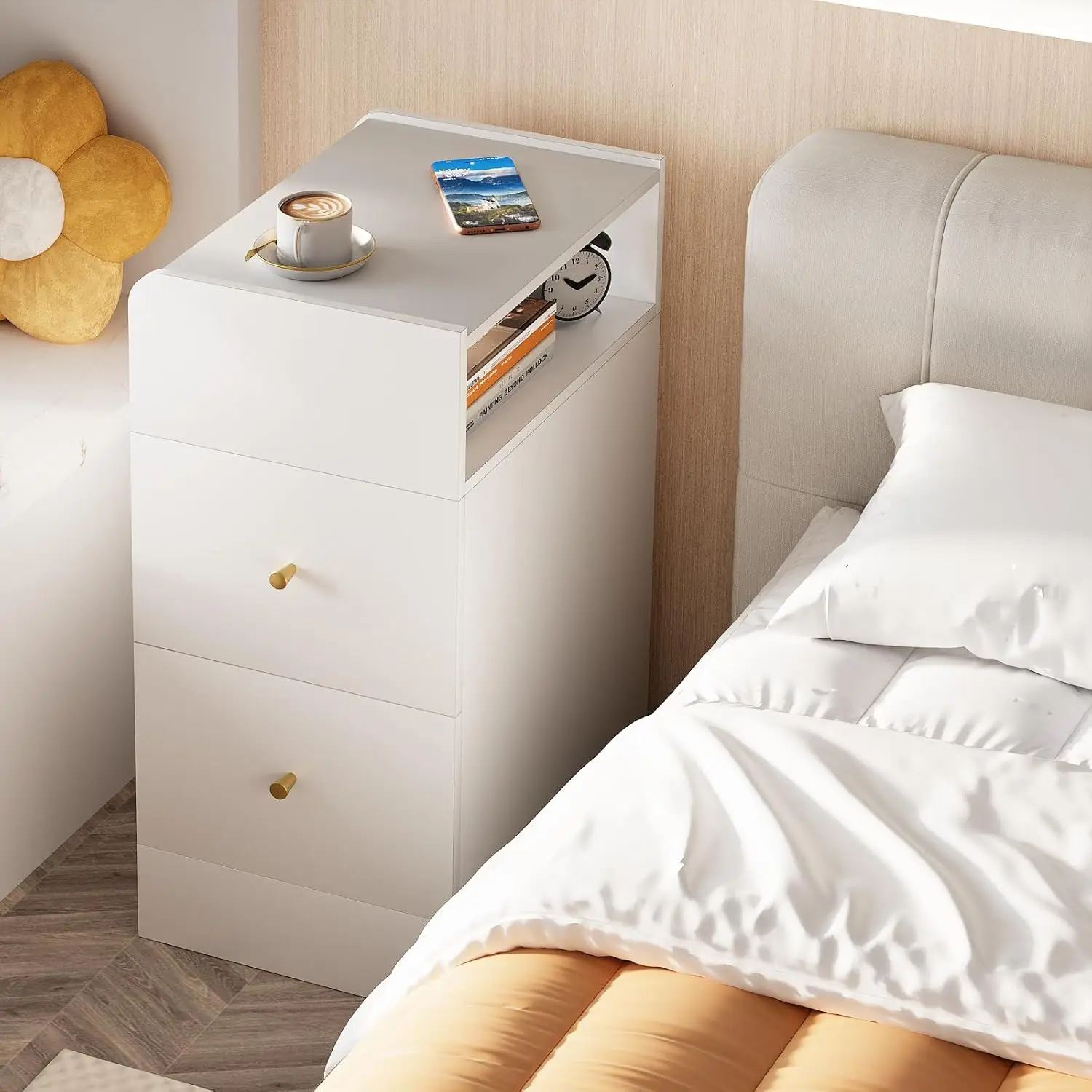 

White Nightstand with Two Drawers,Chest of Drawers for Bedroom with Side Opening Storage Rack,3 Tiers Modern Night Table