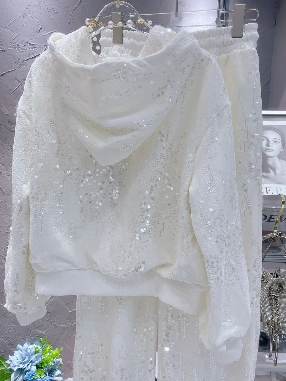 Sweat-shirt et pantalon de sport décontractés pour femmes, velours doré, paillettes, broderie de perles, rose imbibé, ensembles de 2 pièces, mode